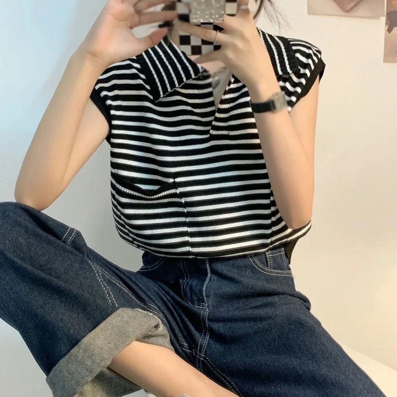 

Lapel Stripe T Shirt For Women Summer Sleeveless Undershirt Lady Pullover Casual Vest Top
