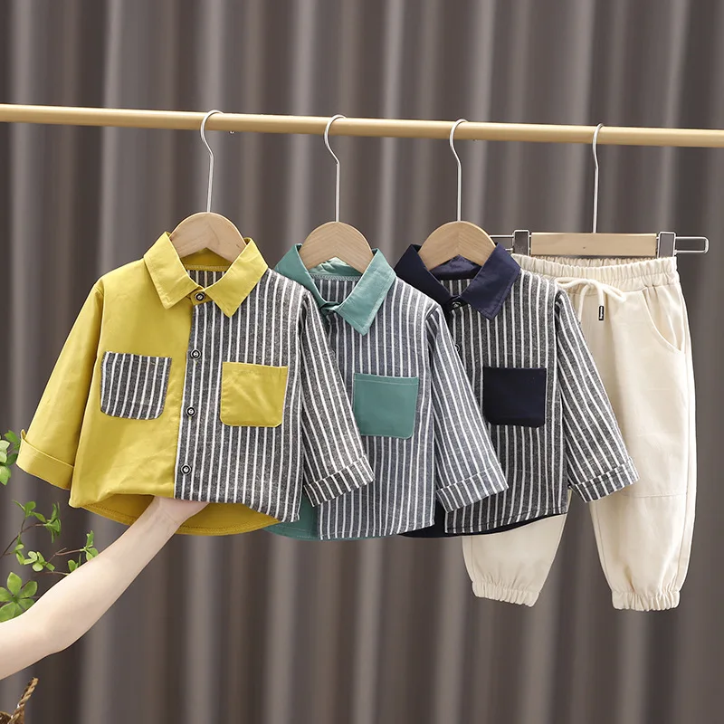 Boy Clothes Suit Patchwork Striped Shirt Pants 2-Pieces Set Spring Autumn Long Sleeve Kids Clothing Outfits For 1-5 Years Old
