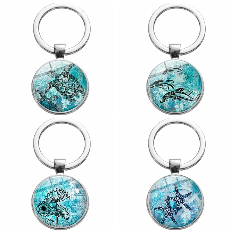 

New Marine Life Keychain Cute Turtle Dolphin Starfish Seagrass Seahorse Pendant Glass Cabochon Keychain Pendant Jewelry