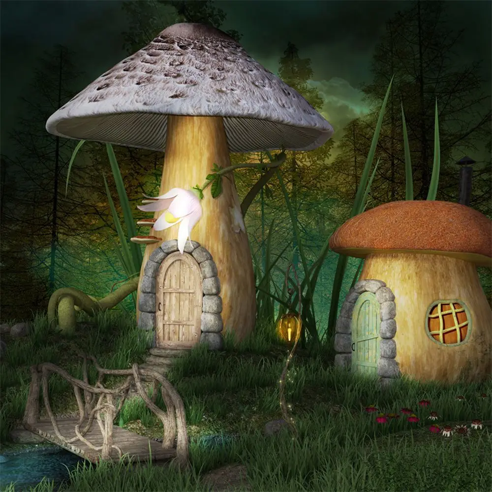 

Girls Lily Fairy Forest Mushroom Huts Birthday Decoration Photography Backdrops Gungle Cabin Party Photographic Background Props