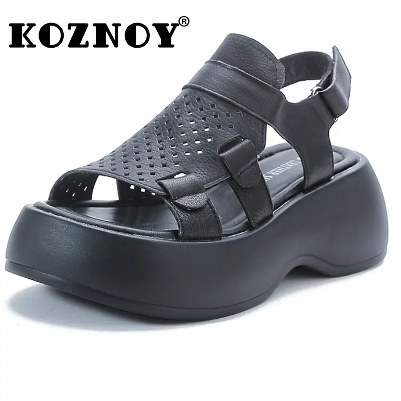 

Koznoy 6cm ROME Genuine Leather Hook Breathable Women Summer Hot Sale Platform Wedge Comfy Ladies Fashion Peep Toe Sandals Shoes