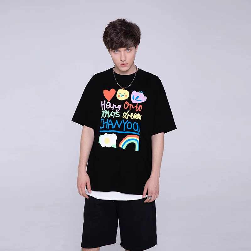 

Chaopai Original Graffiti Hand-painted Crew Neck Short-sleeved T-shirt Male New Japanese Oversize Cotton Loose Couple Shirt