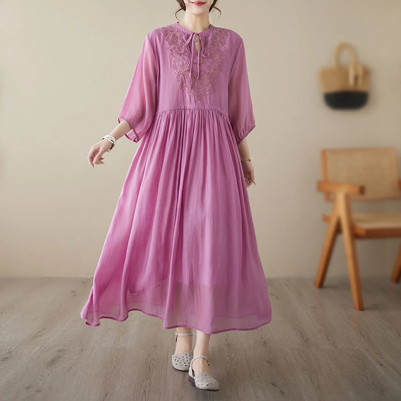 

2023 New Arrival Thin Light Soft Embroidery Vintage Loose Summer Dress Office Lady Work Dress Fashion Women Casual Midi Dress
