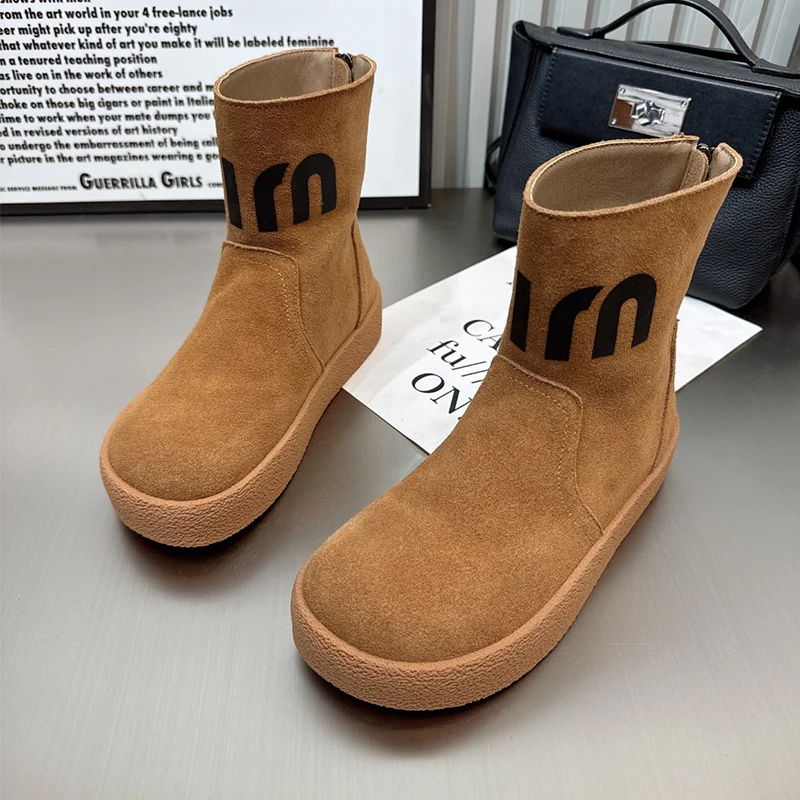 Замшевые женские ботильоны на плоской подошве и платформе зимняя повседневная