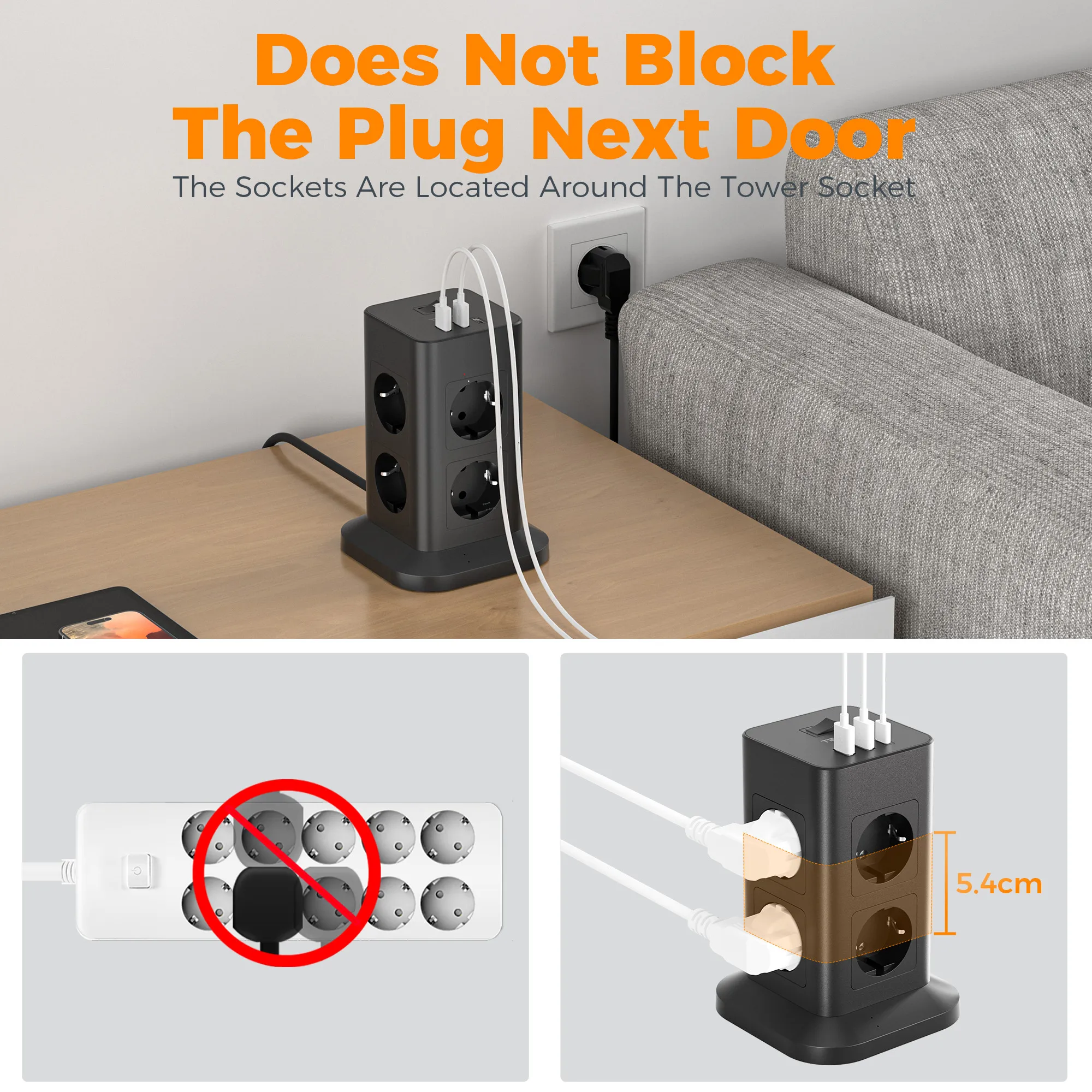 Удлинитель TESSAN с 8 розетками + 2 USB 1 вертикальной розеткой типа C и м удлинителем