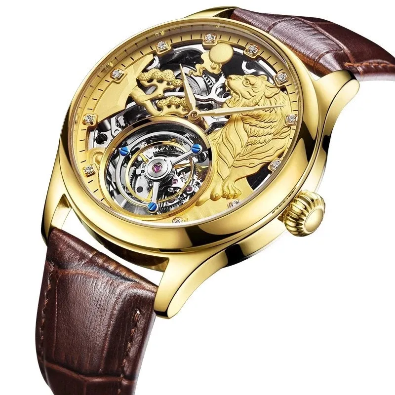 

New Luxury Golden Tiger Skeleton Dial Men's Tourbillon Mechanical Watch Crocodile Leather Men Watch Business Sports Reloj Hombre