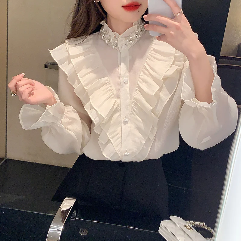 

French Beaded Ruffled Shirt Women Design Fashion Age-reducing Tops Blusas Mujer De Moda 2022 Verano Elegantes Button Up Shirt