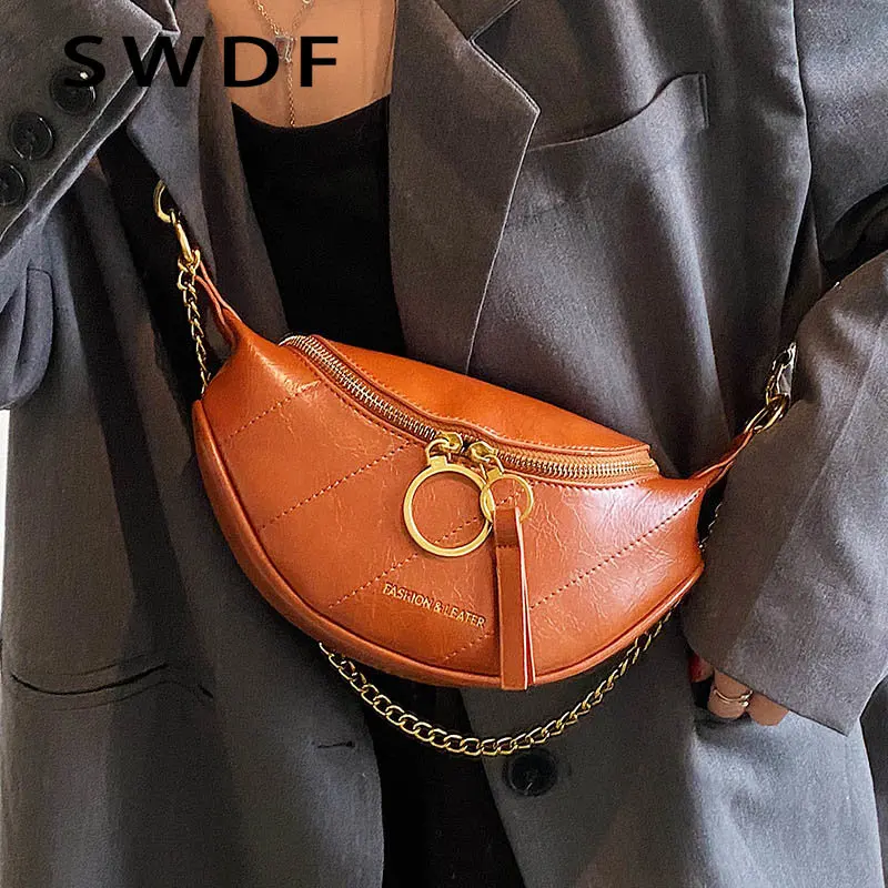 

SWDF Brands Chain Waist Belt Bag for Women Leather Crossbody Chest Bags Waist Banana Bags Fashion Phone Purses Ladies Fanny Pack