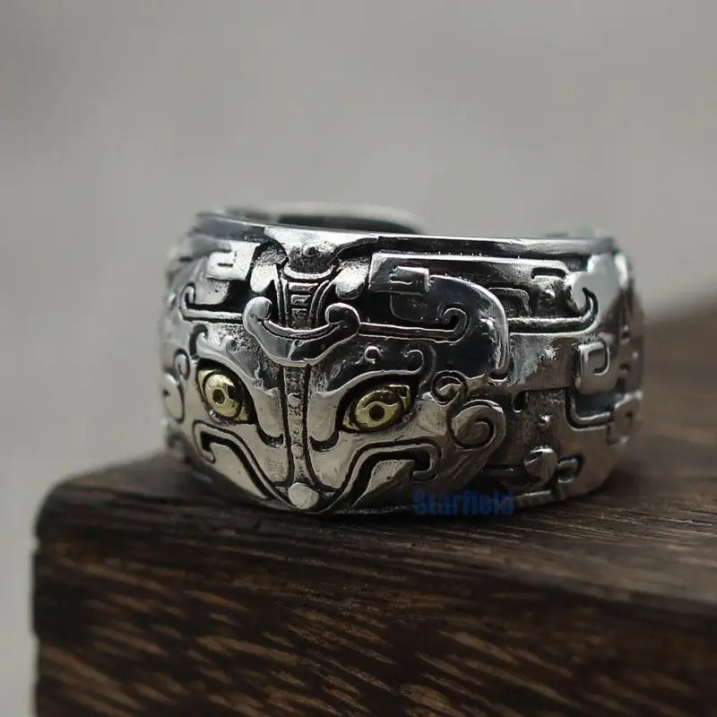 

S925 Sterling Silver Jewelry Retro Personality Brass Eye Gluttonous Open Ring Ring Thai Silver Men And Women Ring