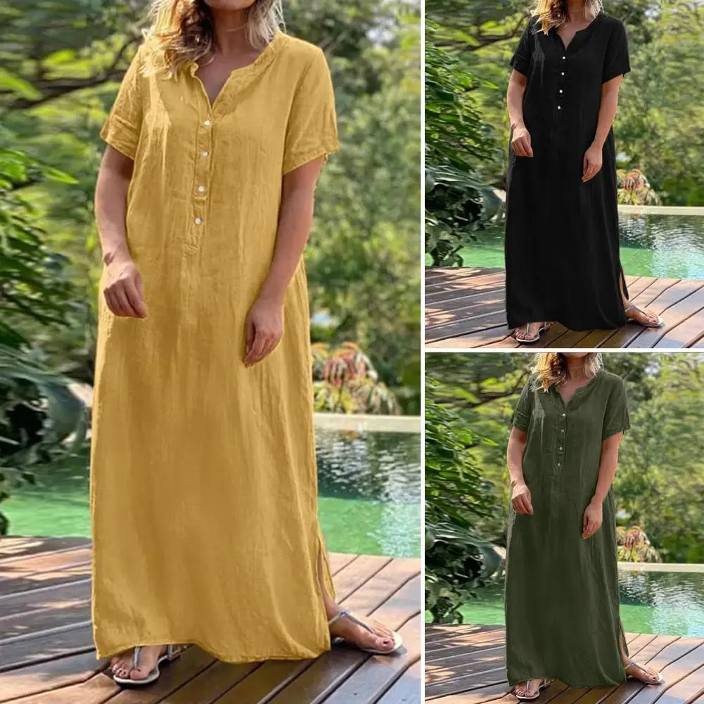 

Solid Color Soft Texture Elegant Loose Cotton Linen Shirt Dress Workwear