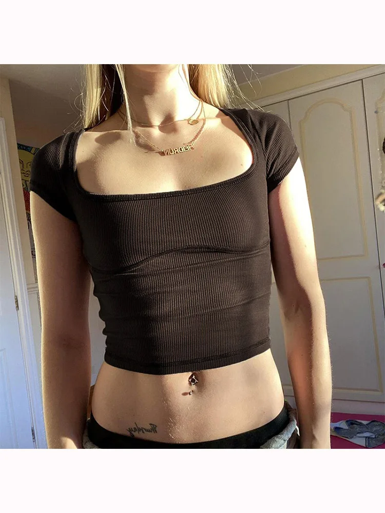 Однотонный облегающий короткий топ с квадратным вырезом Женская Повседневная