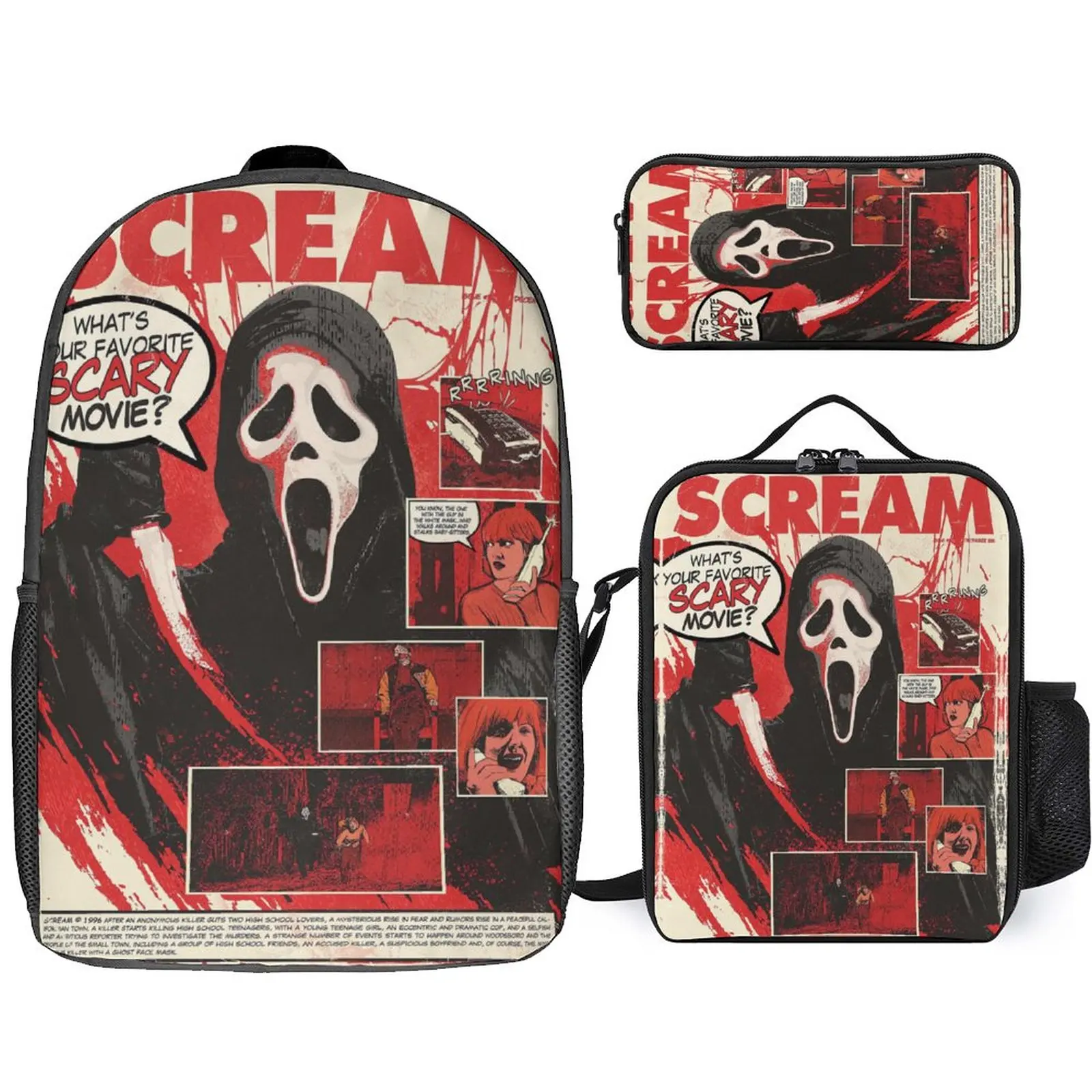 

Wazzup Scream What's Your Favorite Scary Movie Firm Comfortable Infantry Pack 3 in 1 Set 17 Inch Backpack Lunch Bag Pen Bag Spo