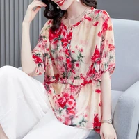 floral chiffon shirt womens 2021 summer new t lady loose small shirt thin section five point sleeve top ladies tops o neck