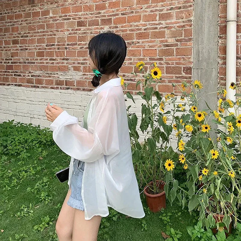 

Shirt For Female Blouse Long Sleeve Female Chiffon Loose Tops Summer Cardigan Thin Sexy Solid Color Casual Shirts
