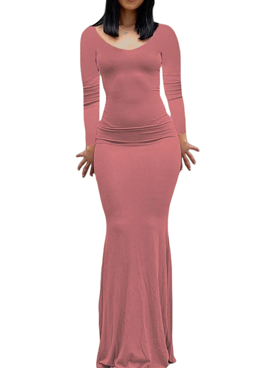 

Women's Casual Dress Solid Color Long Sleeve Round Neck Slim Fit Home Long Dress