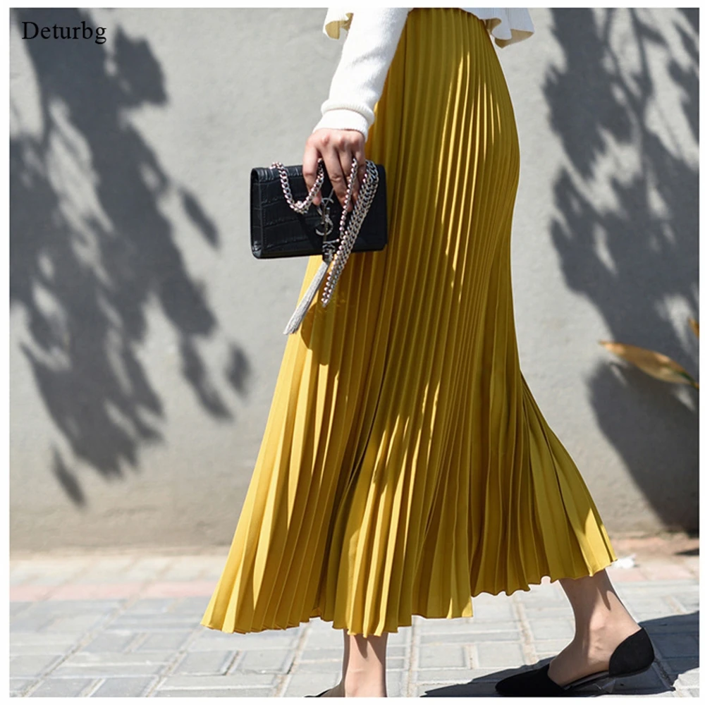 

Womens Vintage Pleated Midi Long Skirt Female Korean Casual High Waist Chiffon Skirts Jupe Faldas 18 Colors 2021 Autumn SK397