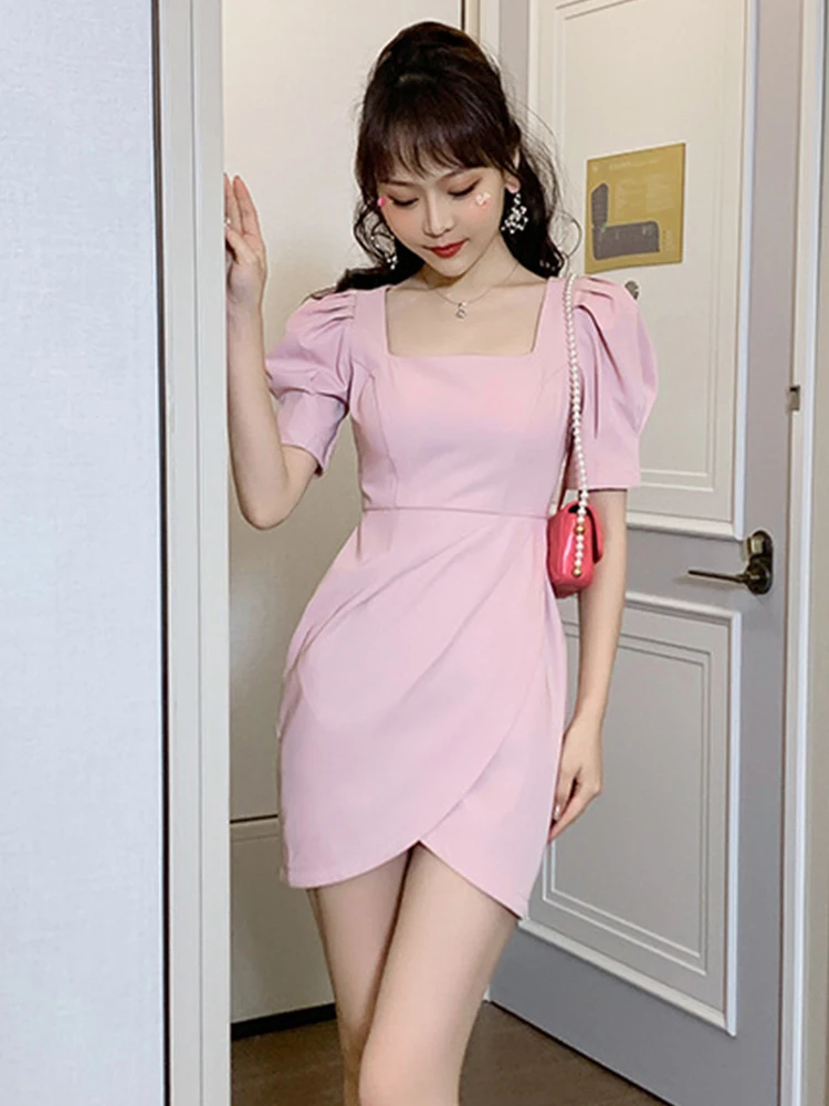

Women's Summer Gentle Sweet Solid Pink Square Collar Puff Sleeve Irregular Flower Bud Package Hip Slim Zipper Mini Kawaii Dress