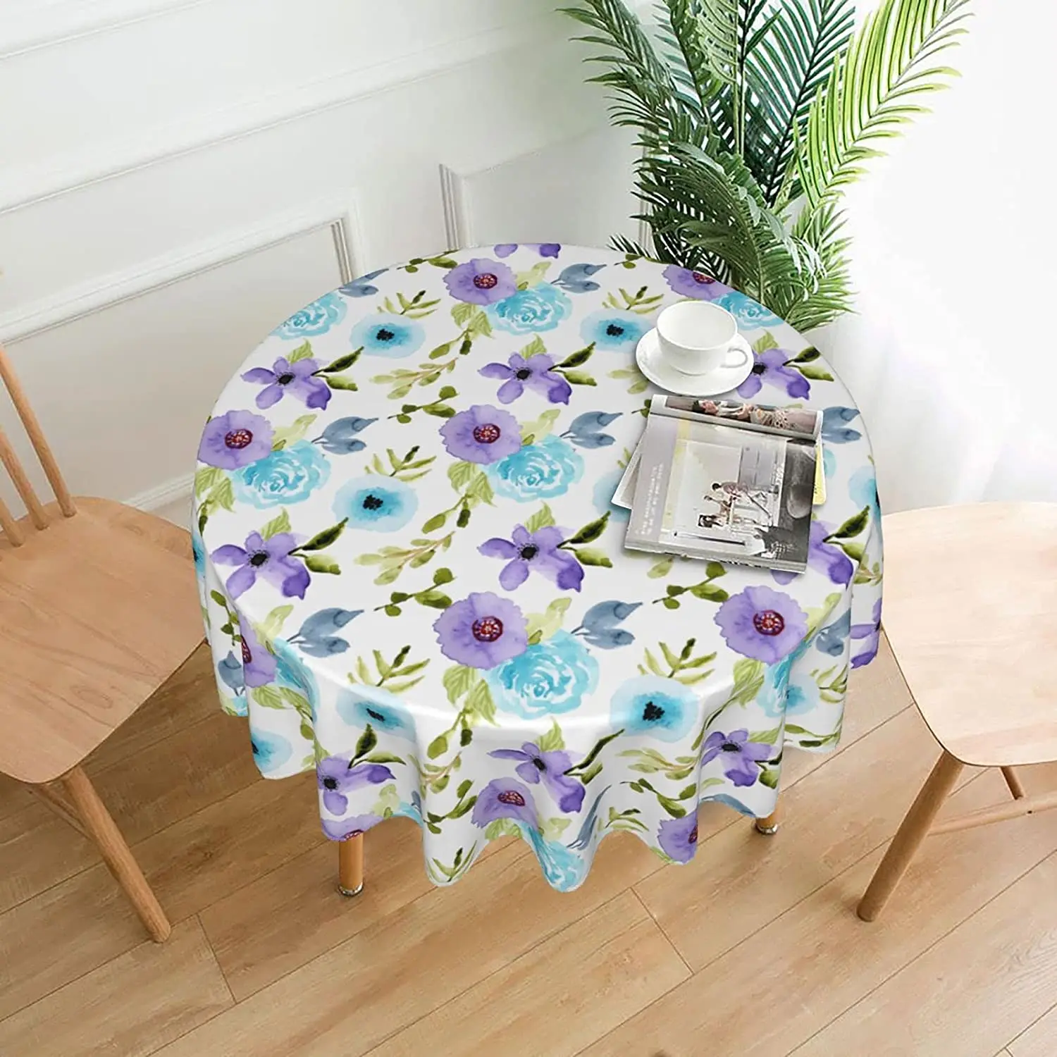 

Blue Violet Floral Watercolor Round Tablecloth 60 Inch Repellent Fabric Spill Proof Washable Polyester Table Cloth Decorative