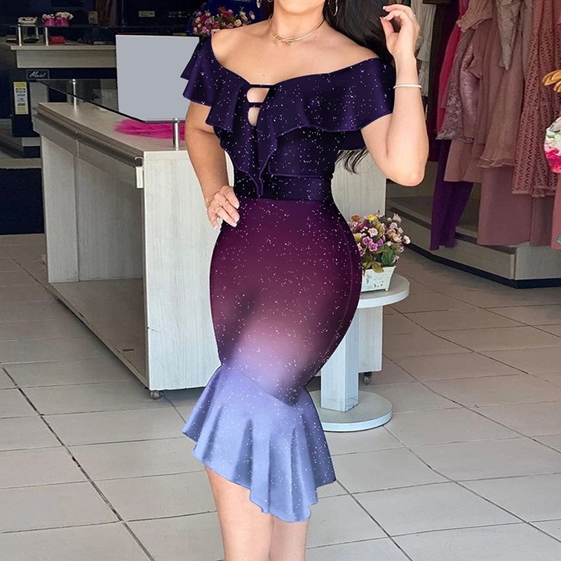 

High Quality Women Off The Shoulder Sexy Bodycon Mid-calf Dress Rayon Bandage Celebrate Girls' Birthday Party Dress