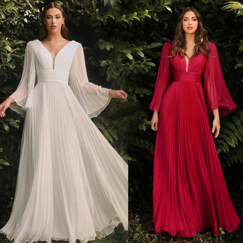 

Sevintage Long Puff Sleeves Prom Dresses V-Neck Pleats Chiffon Princess Evening Gowns Women Party Dress 2023 New Fashion Robe