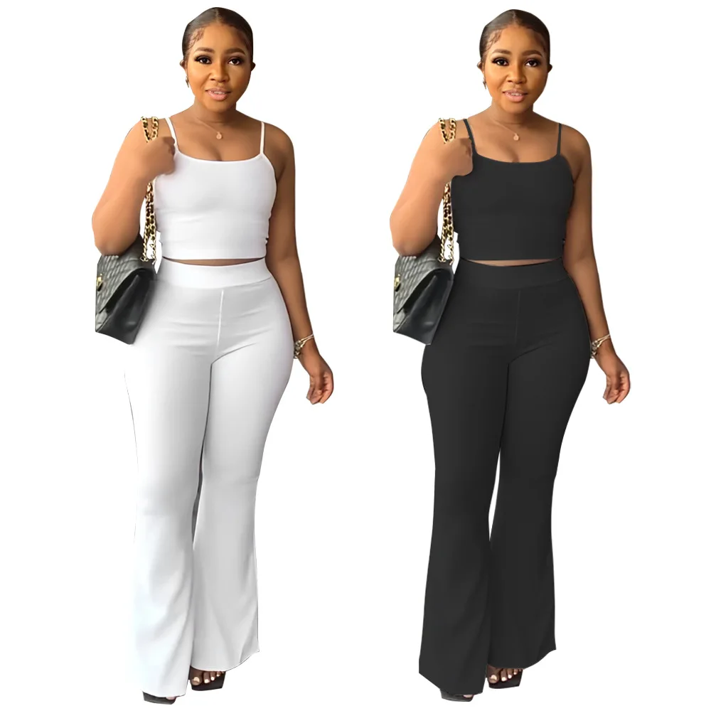Summer Casual Two Piece Set Women Fashion Solid Sleeveless Vest Long Wide-leg Pants Two Piece Suit Women
