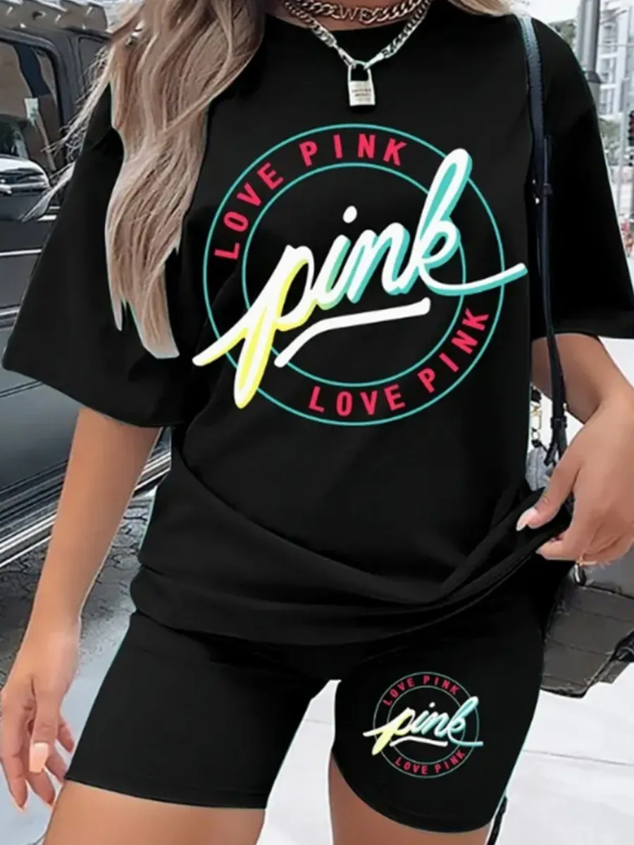 

LW Plus Size Love Pink Letter Print Shorts Set Two Piece Sets Women Summer Letter Printed T Shirts+Shorts Ensemble Casual Outfi