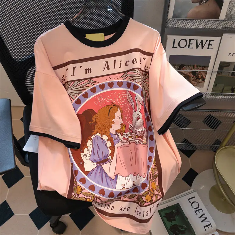 

Футболка женская с круглым вырезом, милый Свободный Повседневный Топ в винтажном стиле сказочной мультяшной девушки, розовая Милая одежда ...