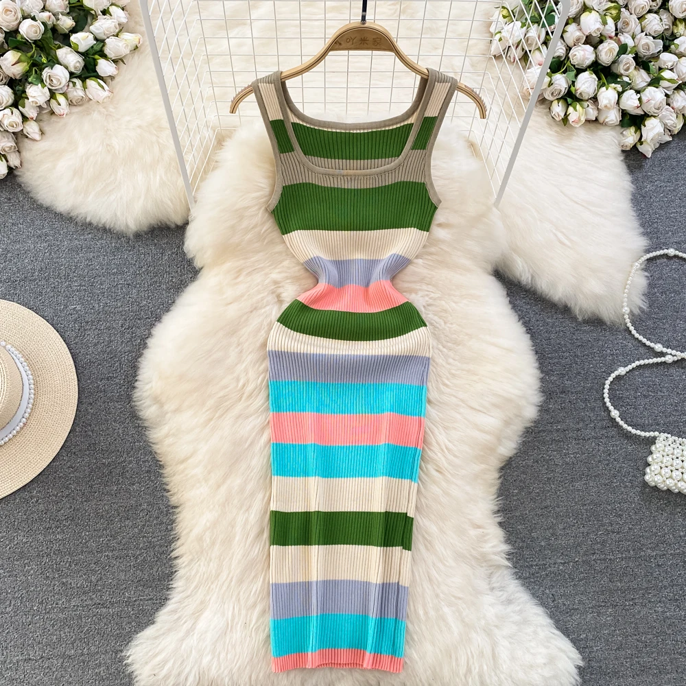 

Шикарное вязаное эластичное облегающее платье в полоску, пикантное винтажное модное пляжное платье для отдыха, сарафан с запахом, женское повседневное облегающее платье-карандаш