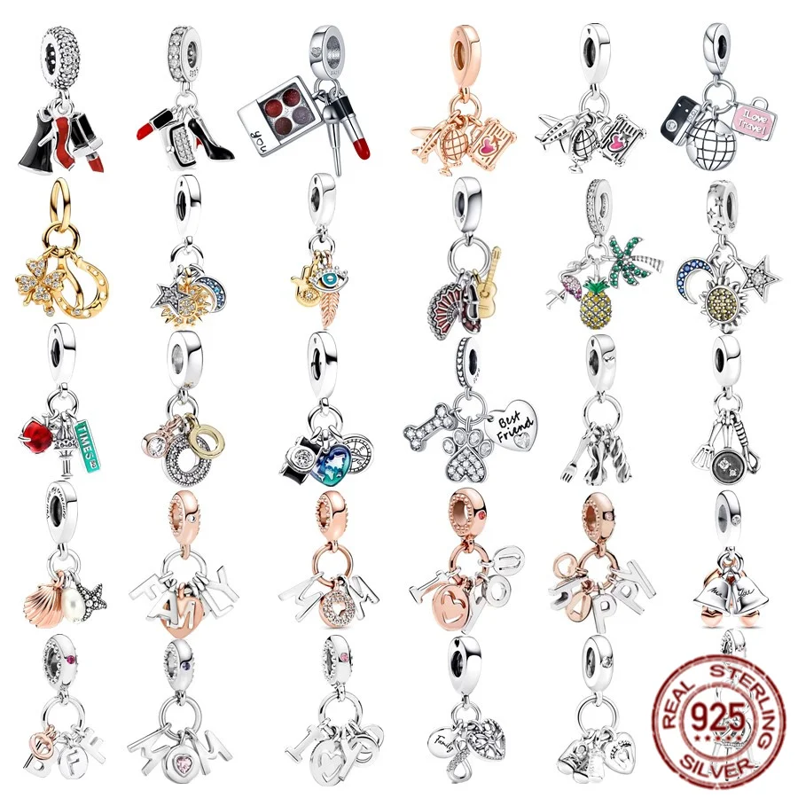 

925 Sterling Silver Lipstick Beads Fit Original Pandora Butterfly Moon Aircraft Triple Pendant Series Charm Bracelet DIY Jewelry