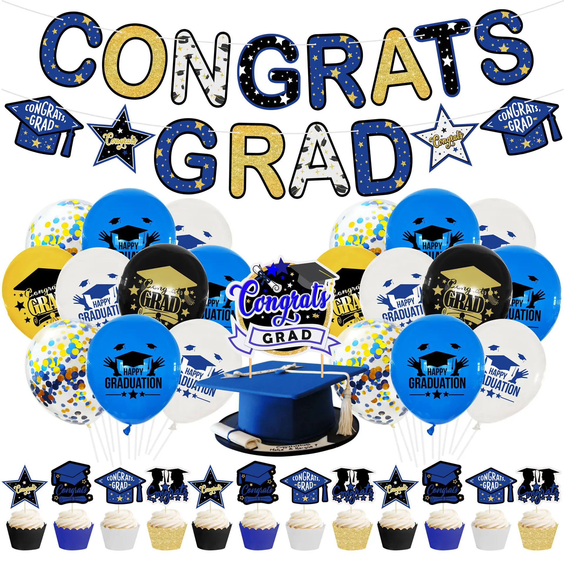 

Blue Gold Graduation Season Theme Party Graduation Ceremony Party Background Decoration Supplies Set Flag Cake Insert Accessorie
