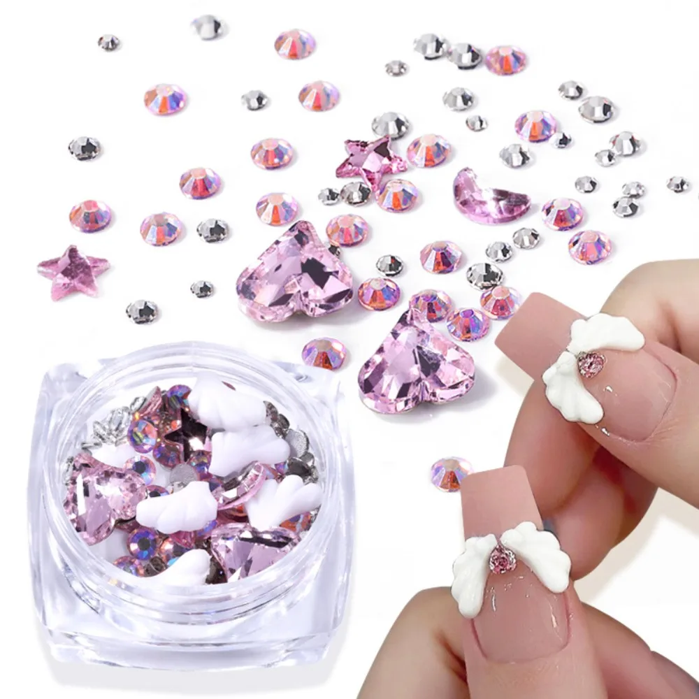 

1 Box Of Glitter Love Nails Rhinestones Angel Wings Moon Stars Crystal Nail Jewelry 3D Nail Art Glass Nail Decoration