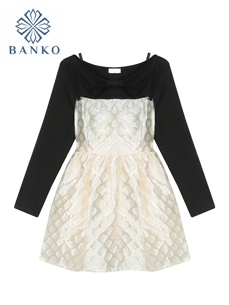 

French Slim-Waist Elegant Casual Dress For Women's Black Long Sleeve Sleeveless Jacket Splicing Relief Korean Short Dress Female