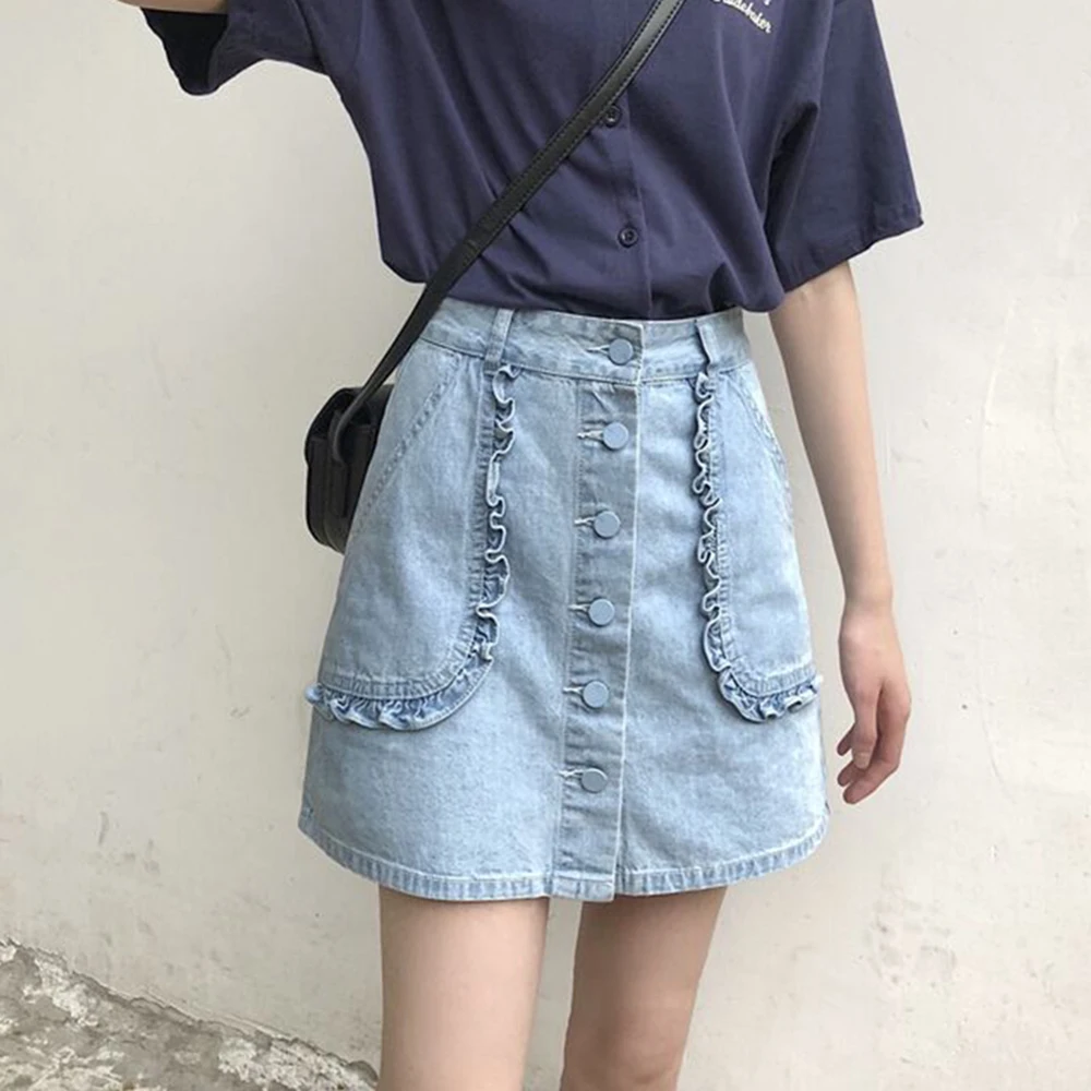 

Spring Summer Skirt Women Above Knee Mini A-Line Solid Blue Double Pocket Korean New Fashion Japan Style Female Clothing