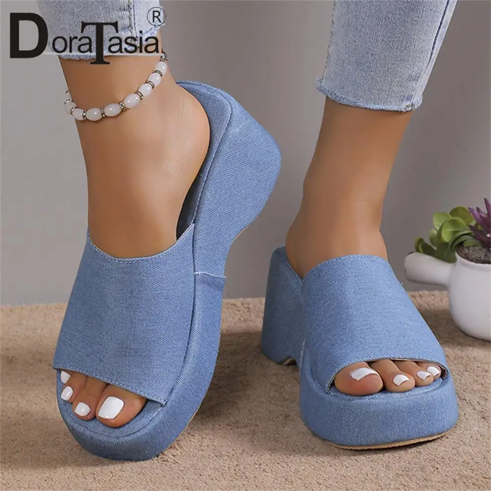 

Big Size 43 Brand Design Ladies Platform Slides Fashion Denim Wedges High Heels women's Slippers Casual Comfy Woman Shoes
