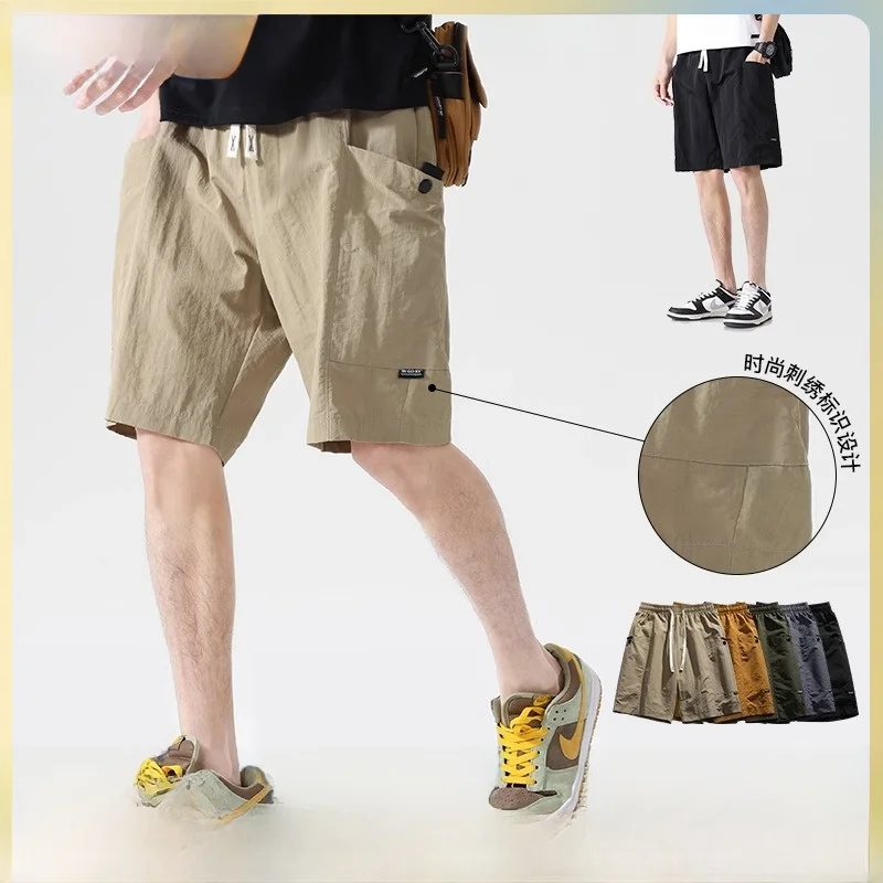 Li Ke Guan Fang Cargo Shorts Men's 2024 Summer Ice Silk Quick-Drng Loose Straight Sweat pants Casual Cropped Pants