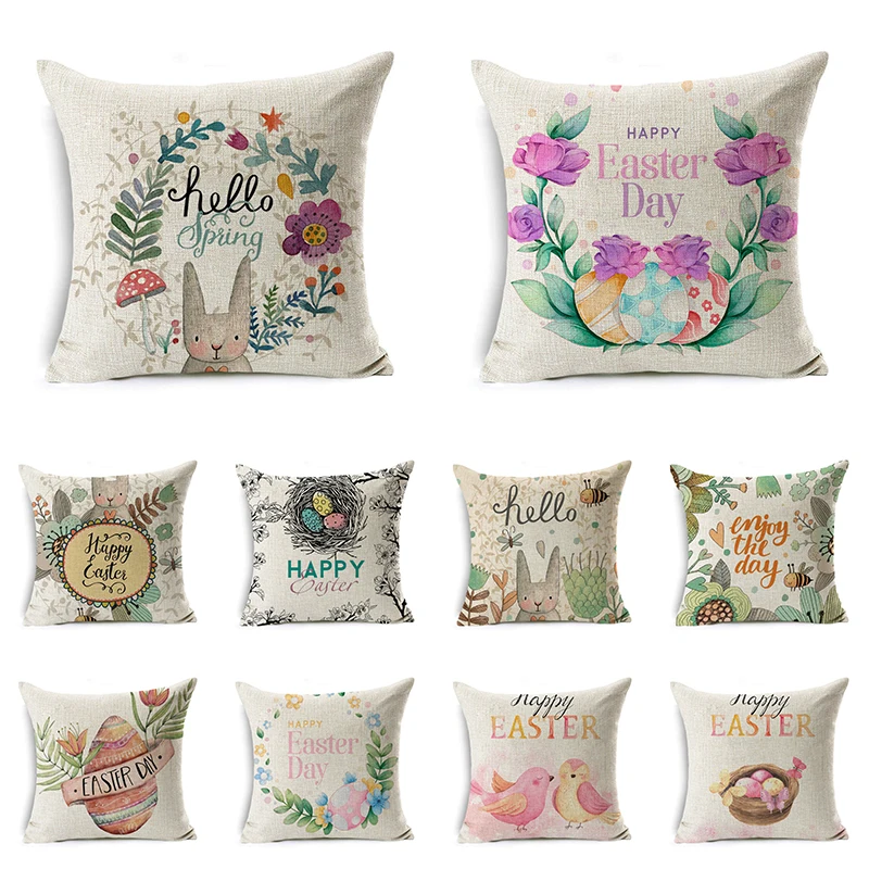 

Spring Easter DIY Decor Pillow Covers Easter Eggs Bunny Printed Cushion Cover Kid Gift Home Decoration Linen Pillow Case 45*45cm