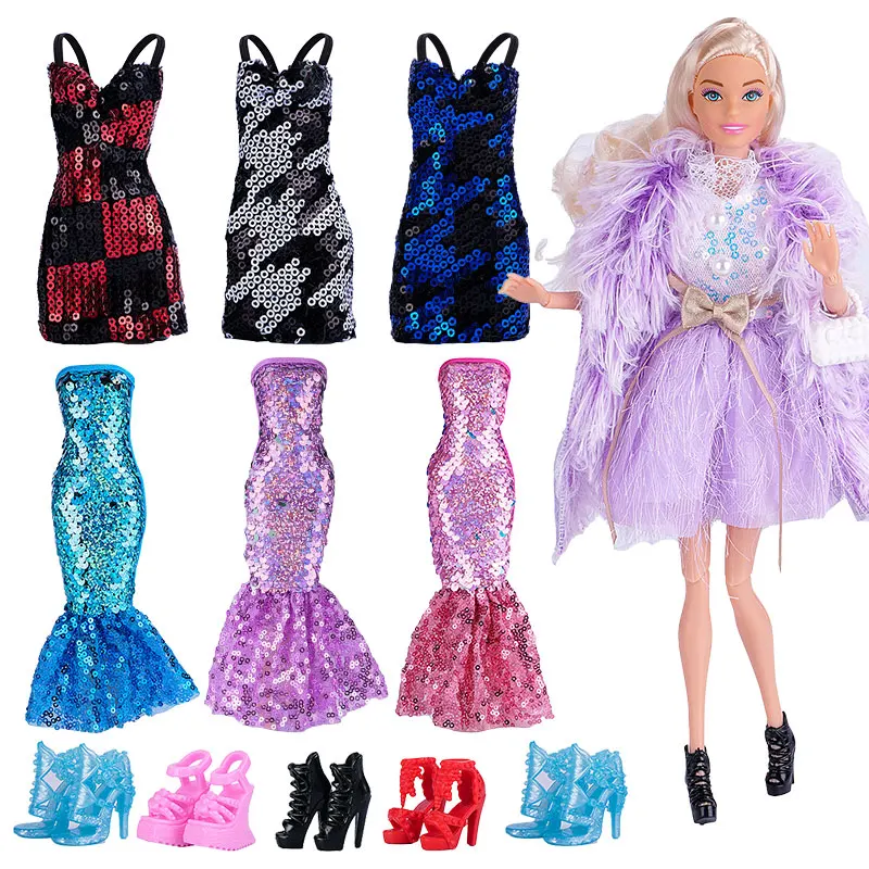 Комплект одежды для кукол Барби блестящее красивое платье с рыбьим хвостом