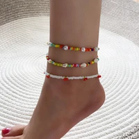 3pcs fashion colorful rice beads conch pearl anklet for women sweet temperament cute anklet female summer beach jewelry gift