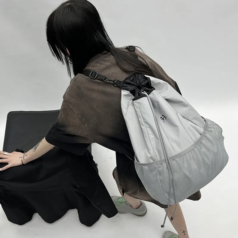 

Women Backpack Gray Nylon Lightweight Large Capacity Minimalist Mesh Backpack Female Drawstring Strap Pocket Schoolbag Bolsa 백팩