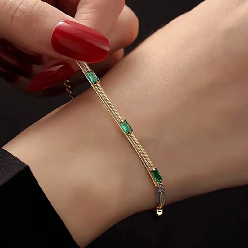 Женский браслет Foxanry с зелеными фианитами золотистого цвета