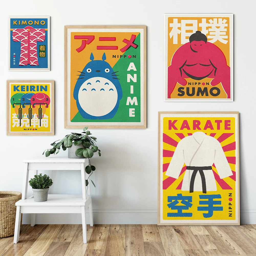 

Japanese Anime Matchbox Label Style Poster Print Wall Art Canvas Painting Keirin Kimono Sumo Karate Martial Arts Room Home Decor