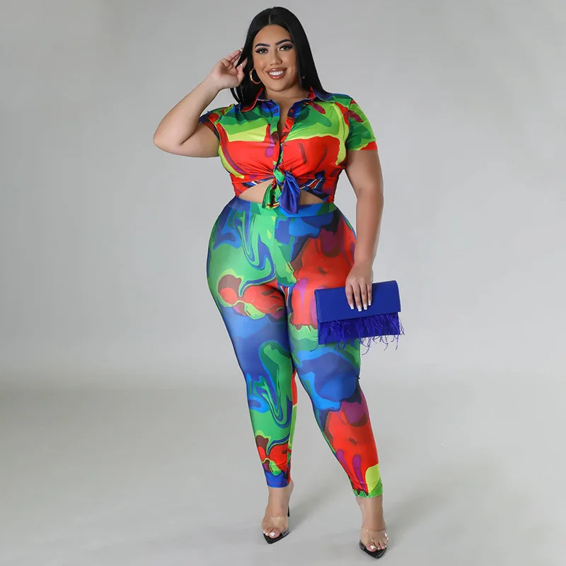 Plus Size Matching Sets Tie Dye Print Tops Shirts And Pants Female Luxury Fashion Blouse Cloth 2023 Summer Women Two Piece Sets
