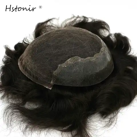 Парик Hstonir мужской на шнуровке, капиллярный натуральный протез, человеческие волосы для мужчин, прямой парик для мужчин H045