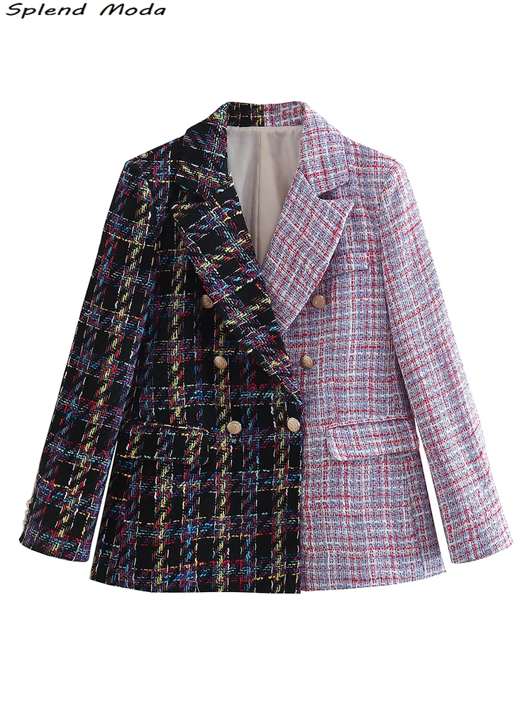 

2022 ZA Women Fashion Office Lady Style Patchwork Tweed Double Breasted Blazers Casual Pockets Blazer Coat Chic Outwear
