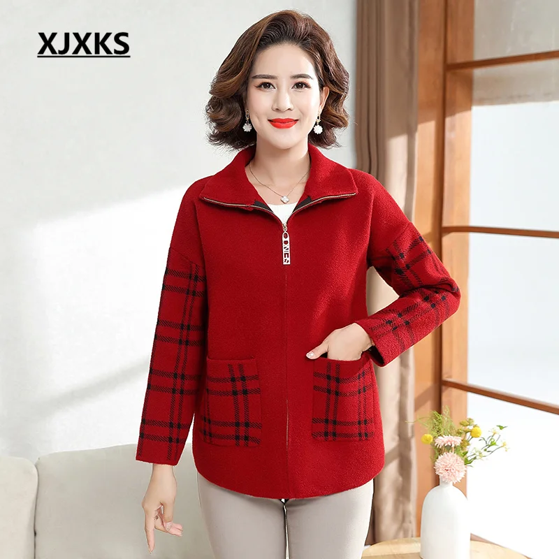 

XJXKS, коллекция осень-зима 2022, новейший кардиган на молнии, Женское шерстяное пальто, свободная вязаная куртка большого размера