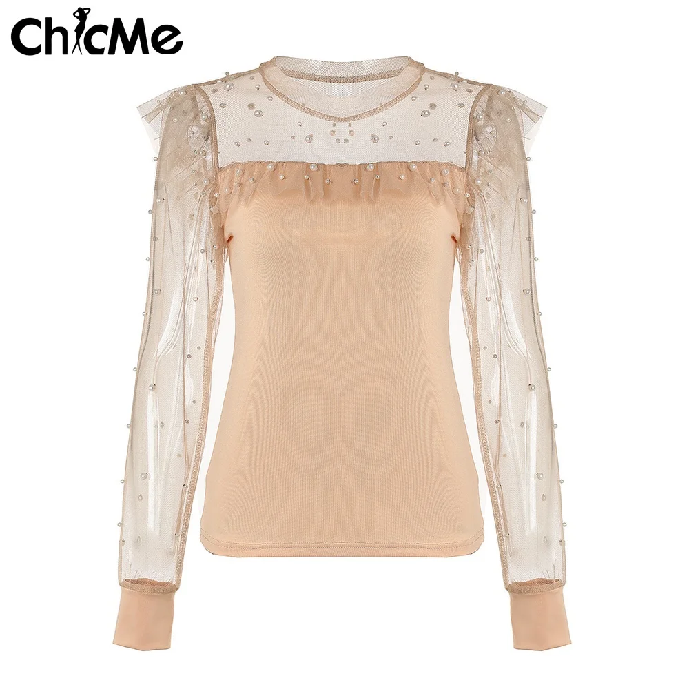 Женская блузка с оборками круглым вырезом и длинным рукавом |