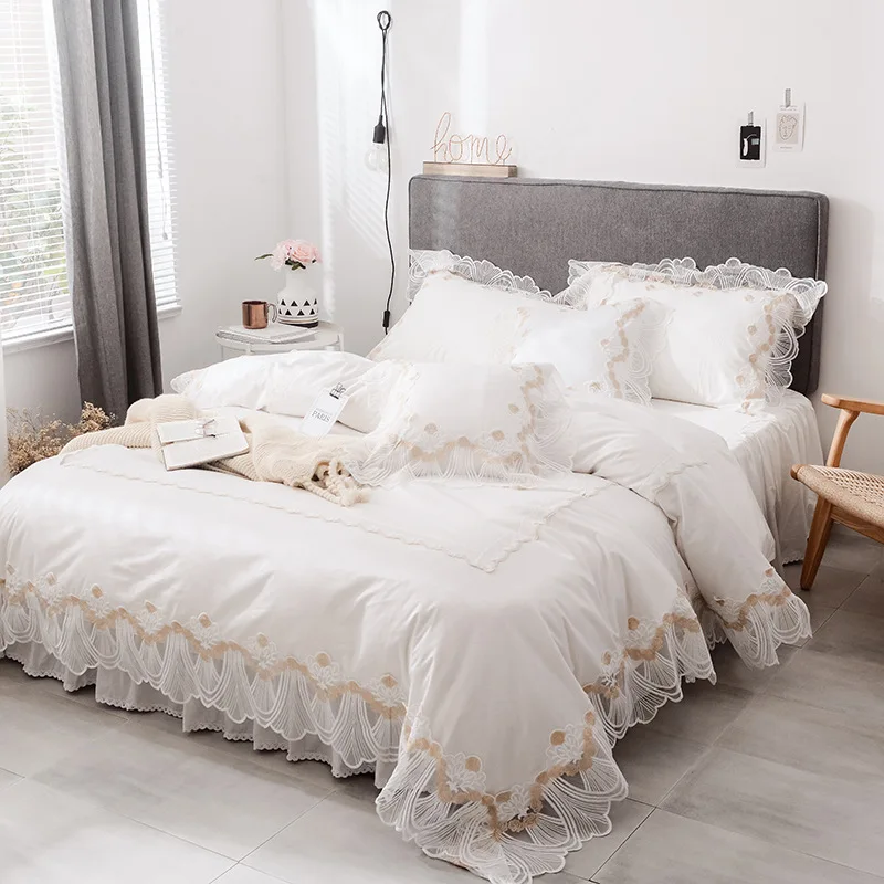 

New Duvet Cover Pure White Lace Bedding Set Luxury Princess Cotton Bed Skirt Set High Quality King Size Bedding Set 150x200