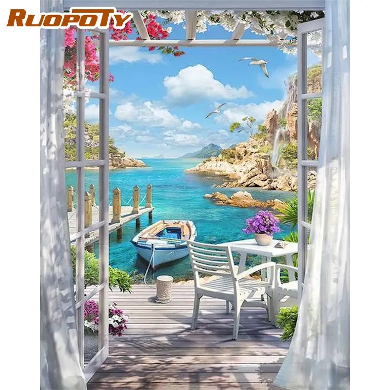 

RUOPOTY Oil Painting By Number Summer scenery Kits For Adults Handpainted DIY Coloring By Number River On Canvas Home Decor