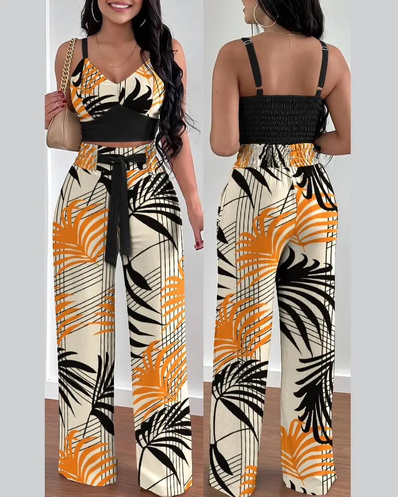 

Women Summer Print Tank Suit Tops And Long Pants Matching Set Casual Patchwork Pocket Female Mid Waist Slim Pants Two Piece Sets