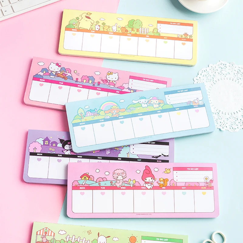 

Kawaii Sanrio Kuromi My Melody Cinnamoroll stationery Strip Notepad Desktop One Week Plan Notes Message Book Note Paper Stickers